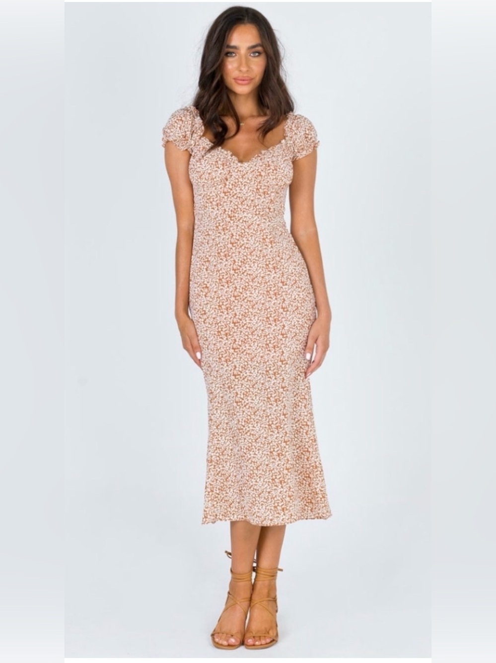 Princess Polly Peach Floral Puff-Sleeve Midi Dress